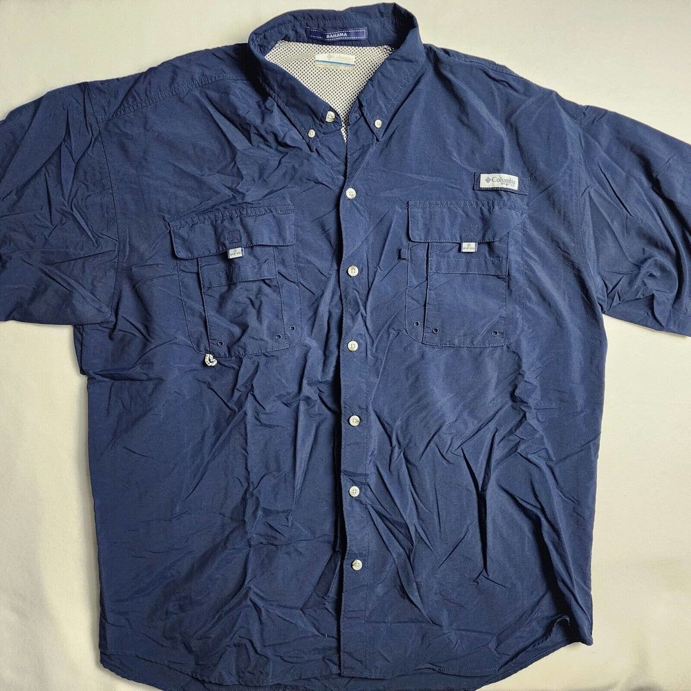 ✅ Columbia Bahama PFG Shirt Mens Sz XXL Button Up Navy Omni Shade Fishing Vented